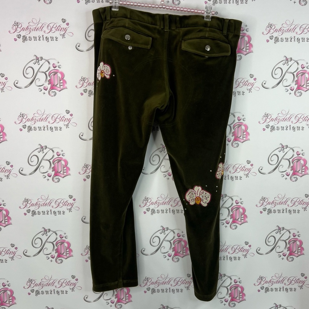 Alanda rling pants soft bling rhinestone flowers pockets y2k Olive Green Pants - Picture 2 of 14